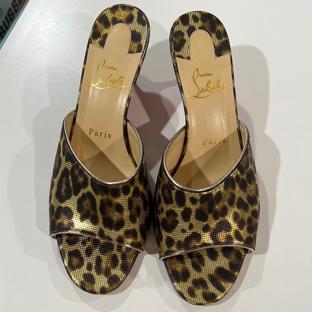 Christian Louboutin "East" 55mm metallic gold leopard-print leather mules